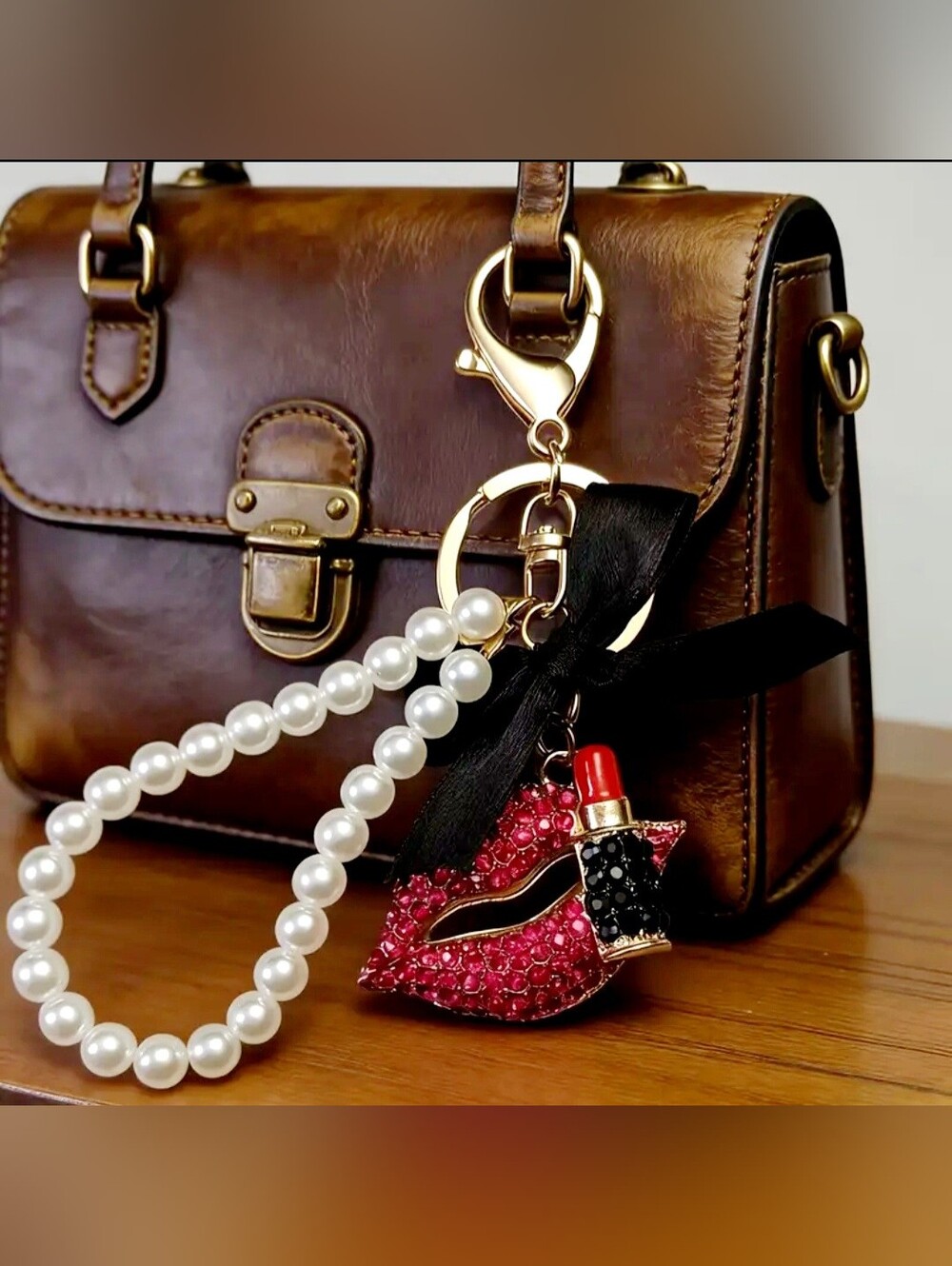 Lip & Lipstick Pearl Keychain Bag Charm with Black Bow - Picture 7 of 7